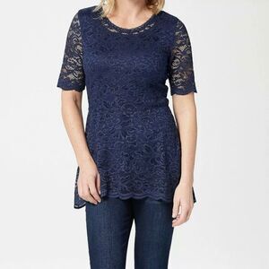 Isaac Mizrahi Elbow-Sleeve Stretch Lace Peplum Knit Top